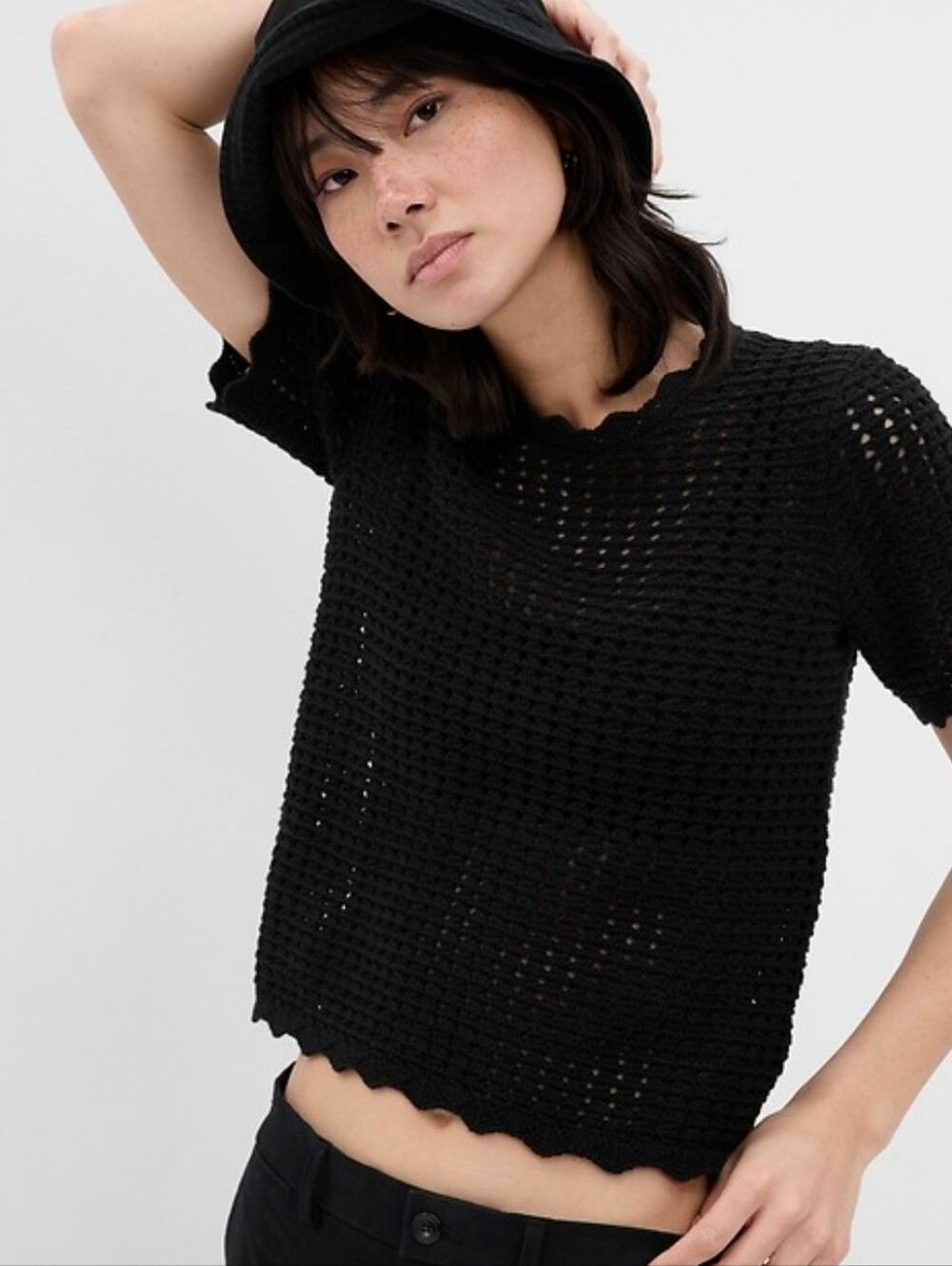 Crochet Black Short Sleeve Sweater Size Medium